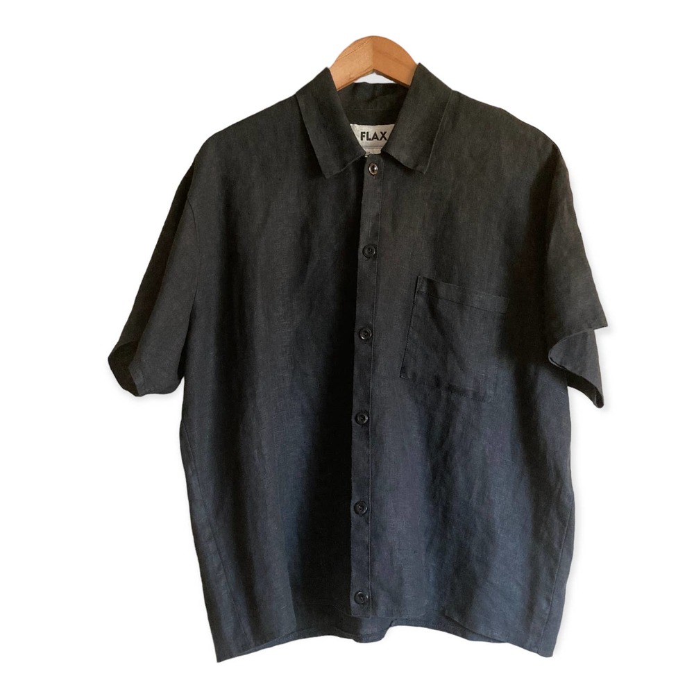 Flax Button Down Straight Hem Short Sleeve Collared Linen Shirt Black Small